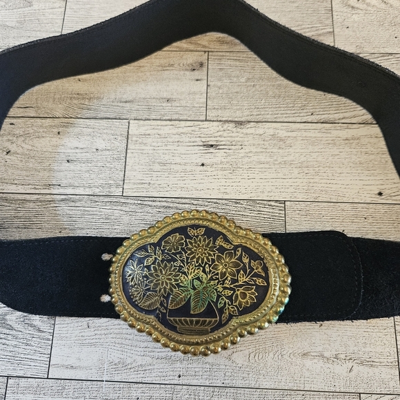 Golden Hands Lee Bernay Vintage Belt Brass Enamel Buckle Suede Belt Boho Hippie - Picture 8 of 8